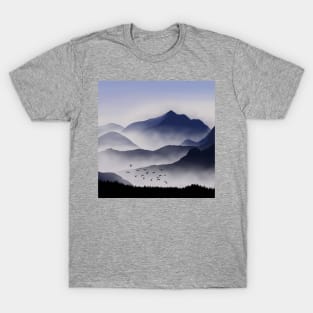 Flock of Birds over Foggy Rocky Hills Landscape Digital Illustration T-Shirt